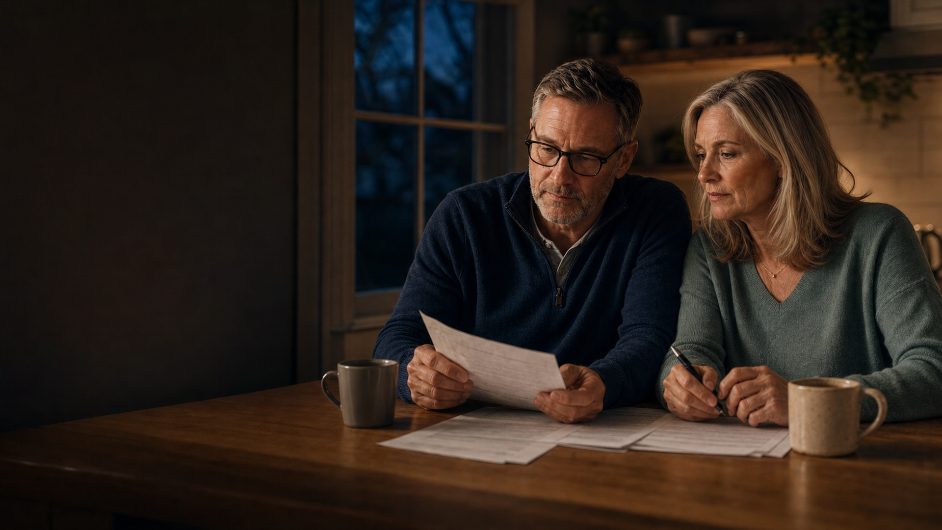 A couple in their early sixties at their kitchen table in the evening, reading retirement paperwork together